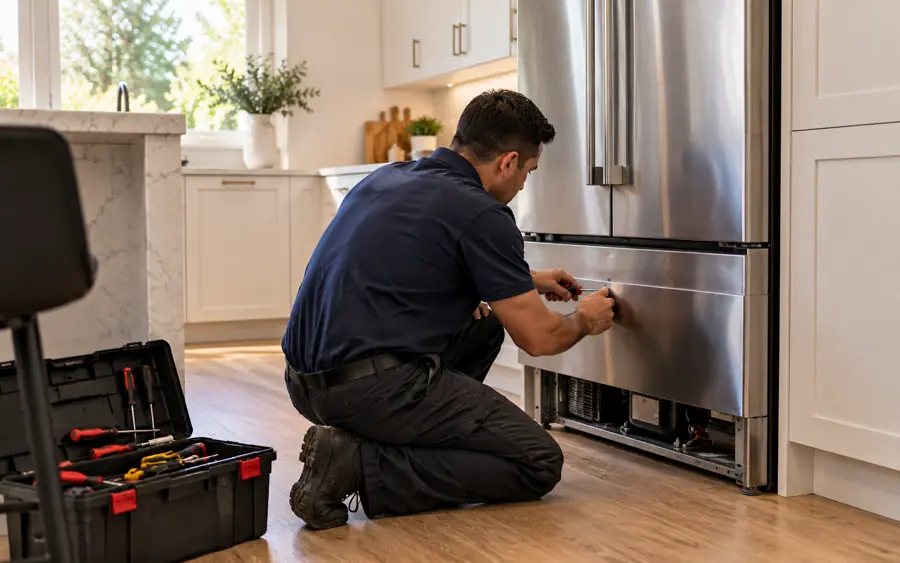 Appliance technician servicing a refrigerator